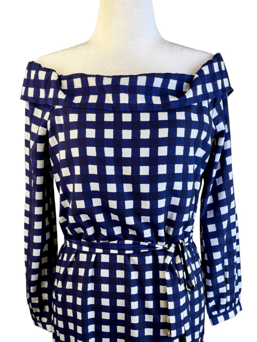 Banana Republic Navy and White Off-Shoulder Gingham Belted Dress Size M Tall - Picture 4 of 11